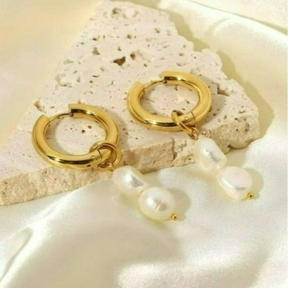 18K Gold Plated Stainless Steel Hoop Freshwater Pearl Beads Dangle Drop Earrings - Picture 2 of 9